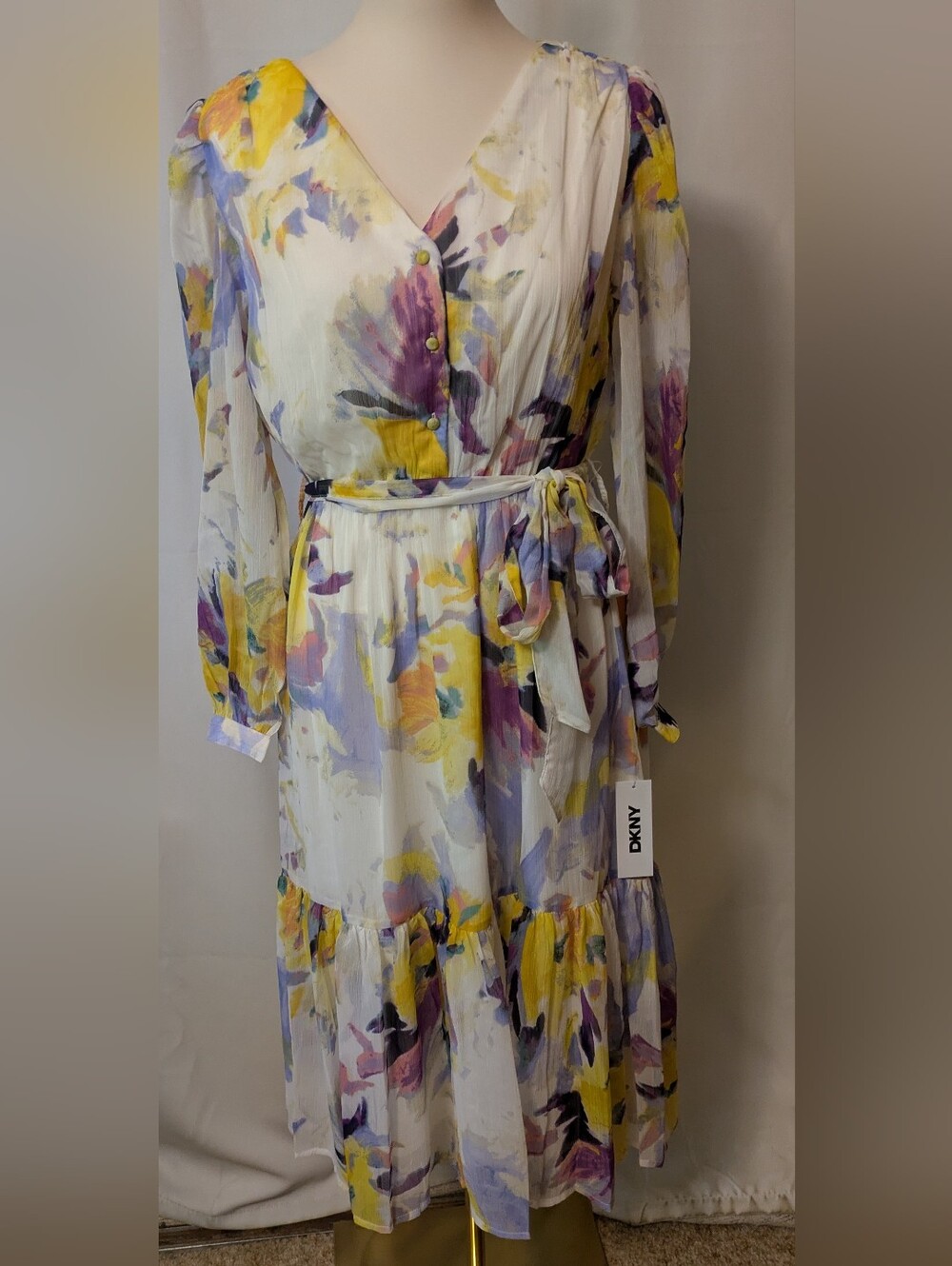 DKNY Floral White, Yellow & Purple Midi Dress